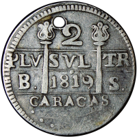 Moneda de Plata Caracas 2 Reales 1819 B. S. León Castillo Morillera Perforada - Numisfila