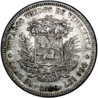 Fuerte Moneda de Plata 5 Bolívares 1886 Fecha Normal - Numisfila