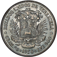 Bello Fuerte Moneda de Plata 5 Bolívares 1936 Fecha Ancha - Numisfila