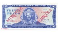 Billete Cuba Muestra Muestra 20 Pesos 1987  #002959 Camilo Cienfuegos  - Numisfila