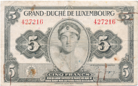 Billete Luxemburgo 5 Francos 1944 Gran Duquesa Carlota - Numisfila