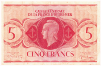 Billete Africa Ecuatorial Francesa 5 Francos 1944 Fondo Central de Francia de Ultramar  - Numisfila