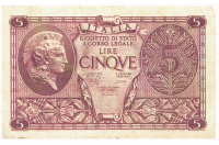 Billete Italia Ministerio del Tesoro 5 Liras 1944 Vittorio Emanuele III - Numisfila