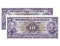 Pareja Billetes 10 Bolívares 1964 Seriales S3622104 y S3622105 Consecutivos  - Numisfila