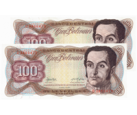 Pareja Billetes 100 Bolívares Abril 1974 Serial Rojo D7 Consecutivos D3868472 y D3868473 - Numisfila