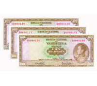 Trío Billetes 100 Bolívares 1967 S7 Consecutivos S0980136, S0980137 y S0980138  - Numisfila