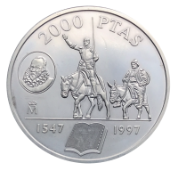 Moneda de Plata España 2000 Pesetas 1997 Quijote y Sancho Panza Miguel de Cervantes  - Numisfila