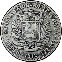Moneda de Plata 2 Bolívares 1912 Fecha Angosta - Numisfila