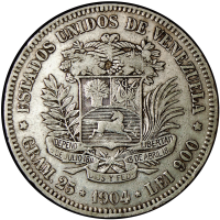 Moneda de Plata 5 Bolívares - Difícil Fuerte 1904  - Numisfila