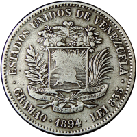 Difícil Moneda de Plata 2 Bolívares 1894 - Numisfila