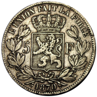 Moneda Plata Bélgica 5 Francos 1870 Leopold II - Numisfila