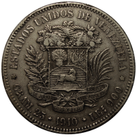 Moneda 5 Bolívares 1910 Cero Ovalado - Fuerte de Plata - Numisfila