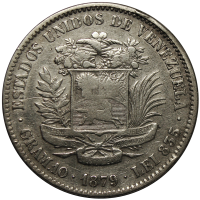 Difícil Moneda 2 Bolívares 1879 1er año de la denominación - Numisfila