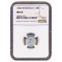 Moneda de Plata 25 Céntimos 1944 NGC MS 63 Medio - ¼ de Bolívar - Numisfila