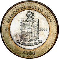 Nuevo León Bimetálica Moneda 100 Pesos Plata Mexico 2004 Centro Plata Ley 925 - Anillo Aluminio & Bronce - Numisfila