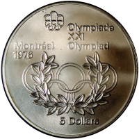 Moneda de Plata Canadá 5 Dolares 1974 Anillos y Corona Olímpicos Juegos Montreal 1976  - Numisfila
