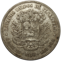 Moneda de Plata 5 Bolívares Fuerte 1910 Cero Redondo - Numisfila