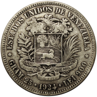 Moneda de Plata 5 Bolívares Fuerte 1924 Fecha Ancha - Numisfila