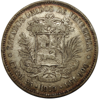 Moneda 5 Bolívares 1910 Cero Ovalado - Fuerte de Plata - Numisfila