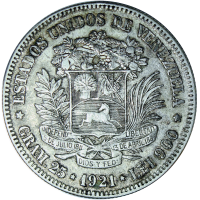 Fuerte Moneda de Plata 5 Bolívares 1921 Fecha Ancha - Numisfila