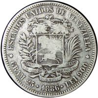 Fuerte Moneda de Plata 5 Bolívares 1886 2do "8" Bajo - Numisfila