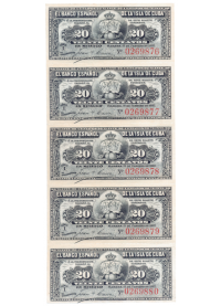 Cuba Pliego 5 Billetes 20 Centavos 1897 El Banco Español de la Isla de Cuba  - Numisfila