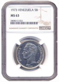 Moneda 5 Bolívares 1973 1er Fuerte de Níquel NGC MS63 - Numisfila