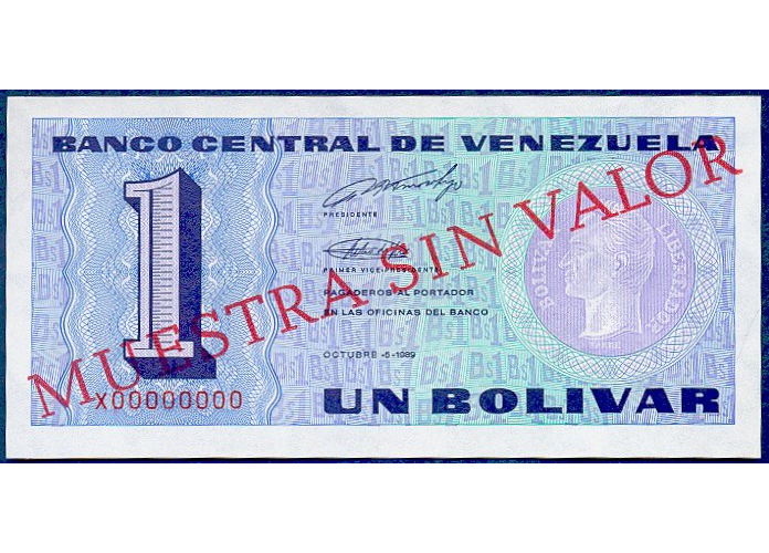Billete Muestra Sin Valor 1 Bolívar 1989 X00000000 - Numisfila