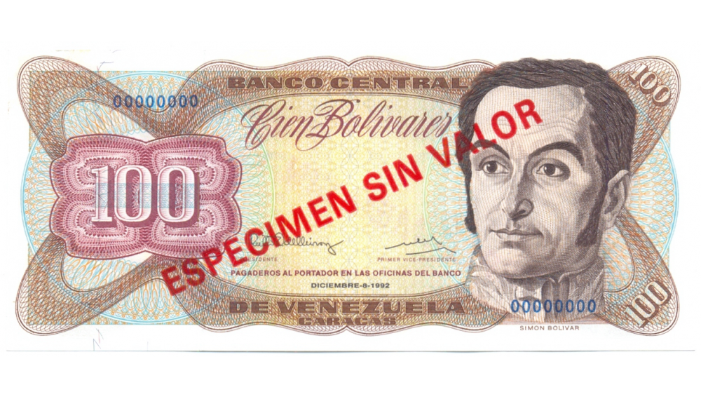 Billete Espécimen Sin Valor 100 Bolívares Diciembre 1992  - Numisfila