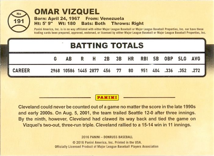 Barajita Omar Vizquel Donruss 2016  # 191  - Numisfila