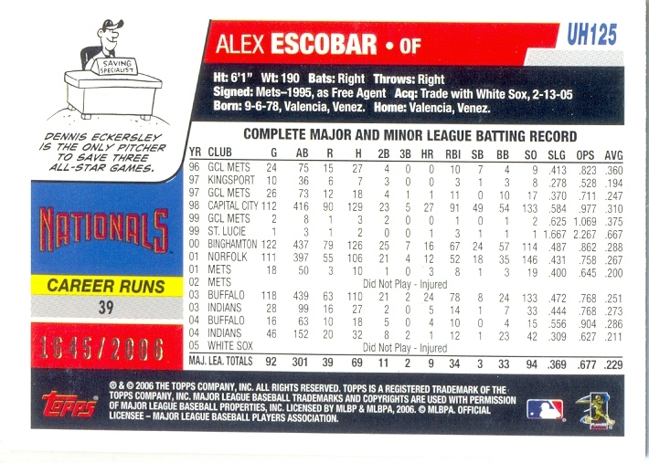 Barajita Alex Escobar Topps 2006 #UH125  - Numisfila