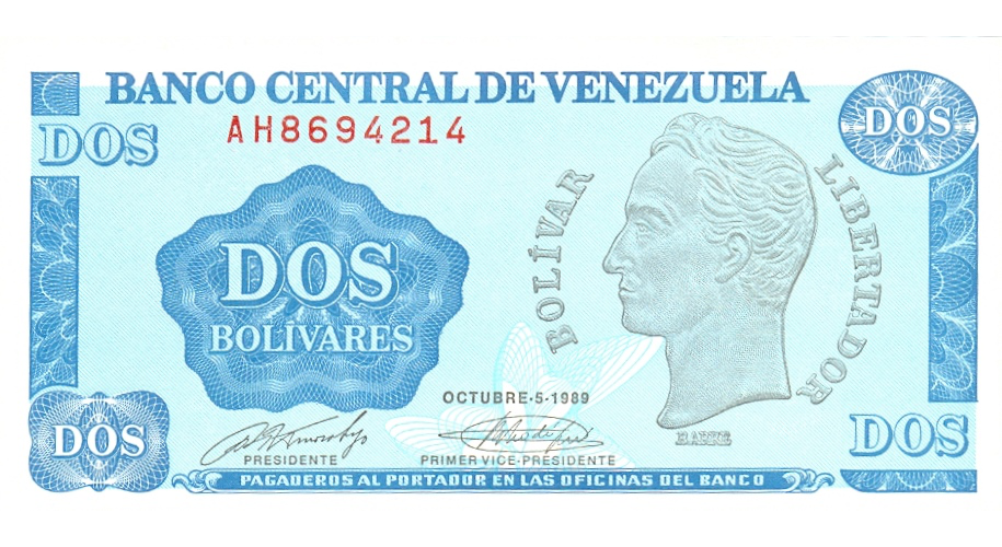 Billete 2 Bolivares 1989 Serie AH7 - Tinoquito  - Numisfila