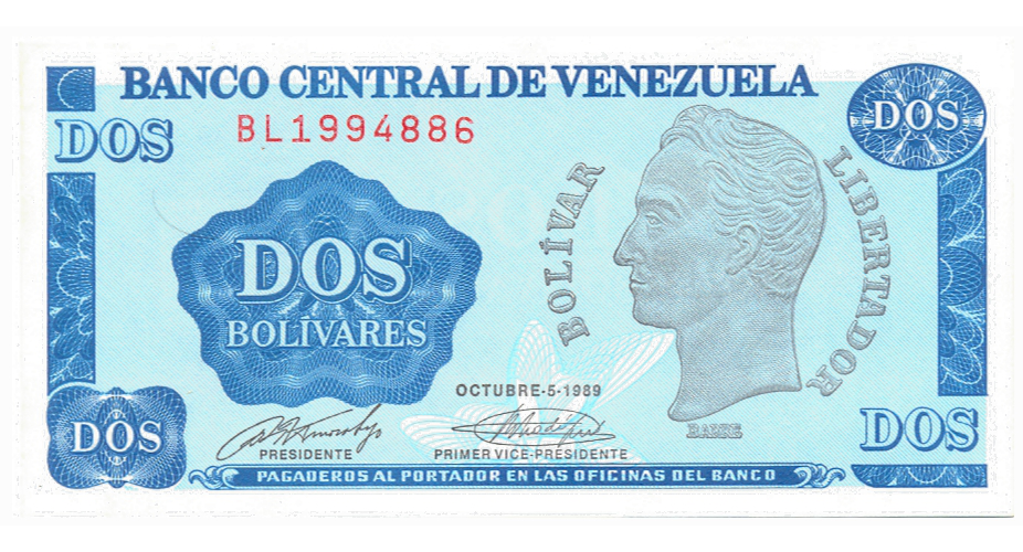 Billete 2 Bolívares 1989 Serial BL Tinoquito   - Numisfila