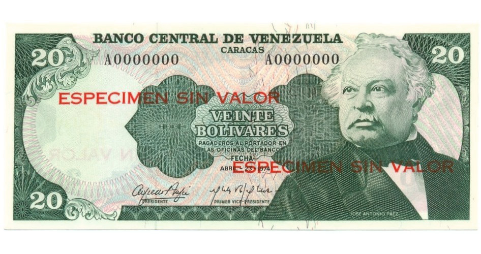 Espécimen Sin Valor Billete 20 Bolívares Abril 1974 - Numisfila