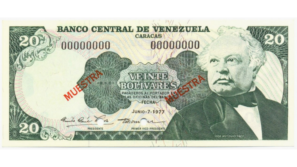 Muestra Muestra Billete 20 Bolivares 1977 - Numisfila