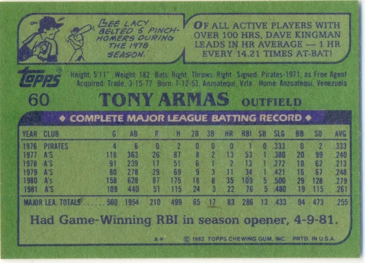 Barajita Antonio Armas Fleer 1982 #60  - Numisfila