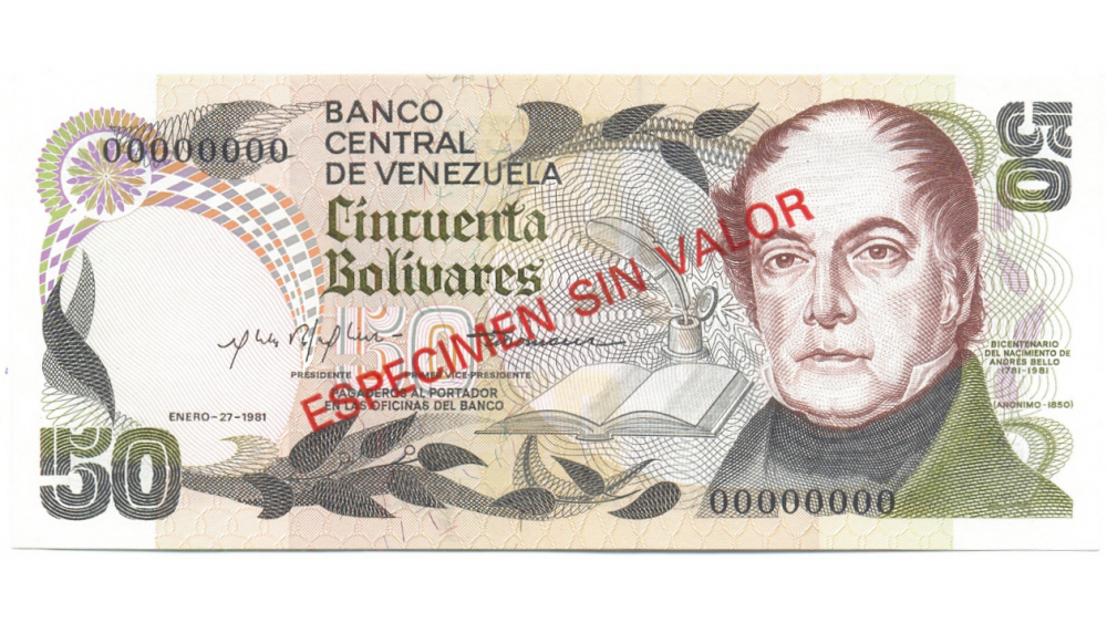 Billete Especimen Sin Valor 50 Bolívares 1981  - Numisfila
