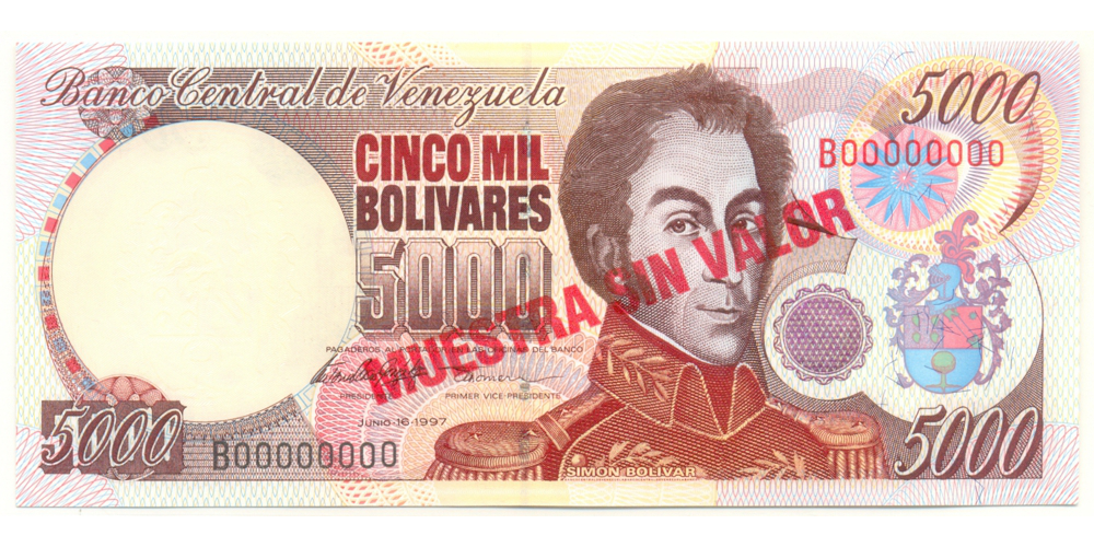 Billete Muestra Sin Valor 5000 Bolivares 1997  - Numisfila