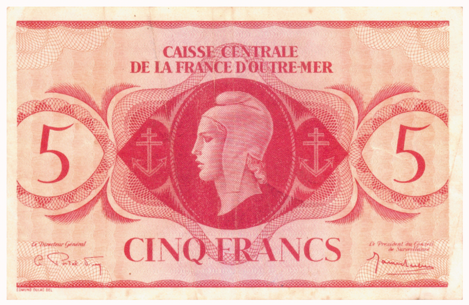 Billete Africa Ecuatorial Francesa 5 Francos 1944 Fondo Central de Francia de Ultramar   - Numisfila