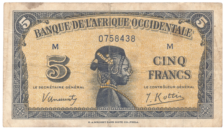Billete África Occidental Francesa 5 Francos 1942  - Numisfila