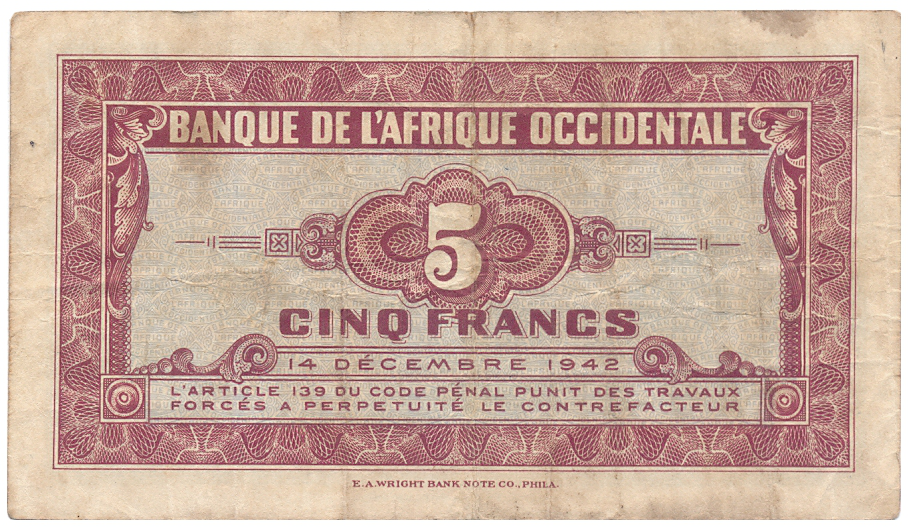 Billete África Occidental Francesa 5 Francos 1942   - Numisfila