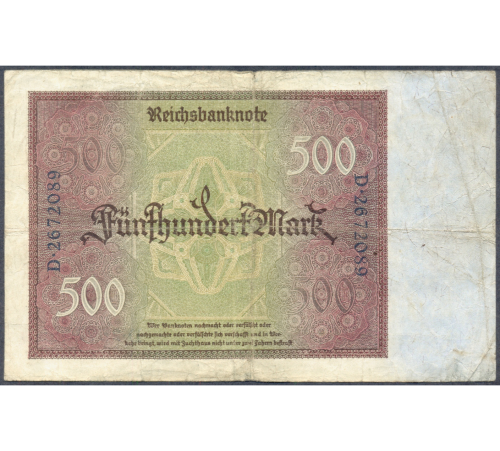  Billete Alemania Weimar 500 Mark 1922 D7  - Numisfila