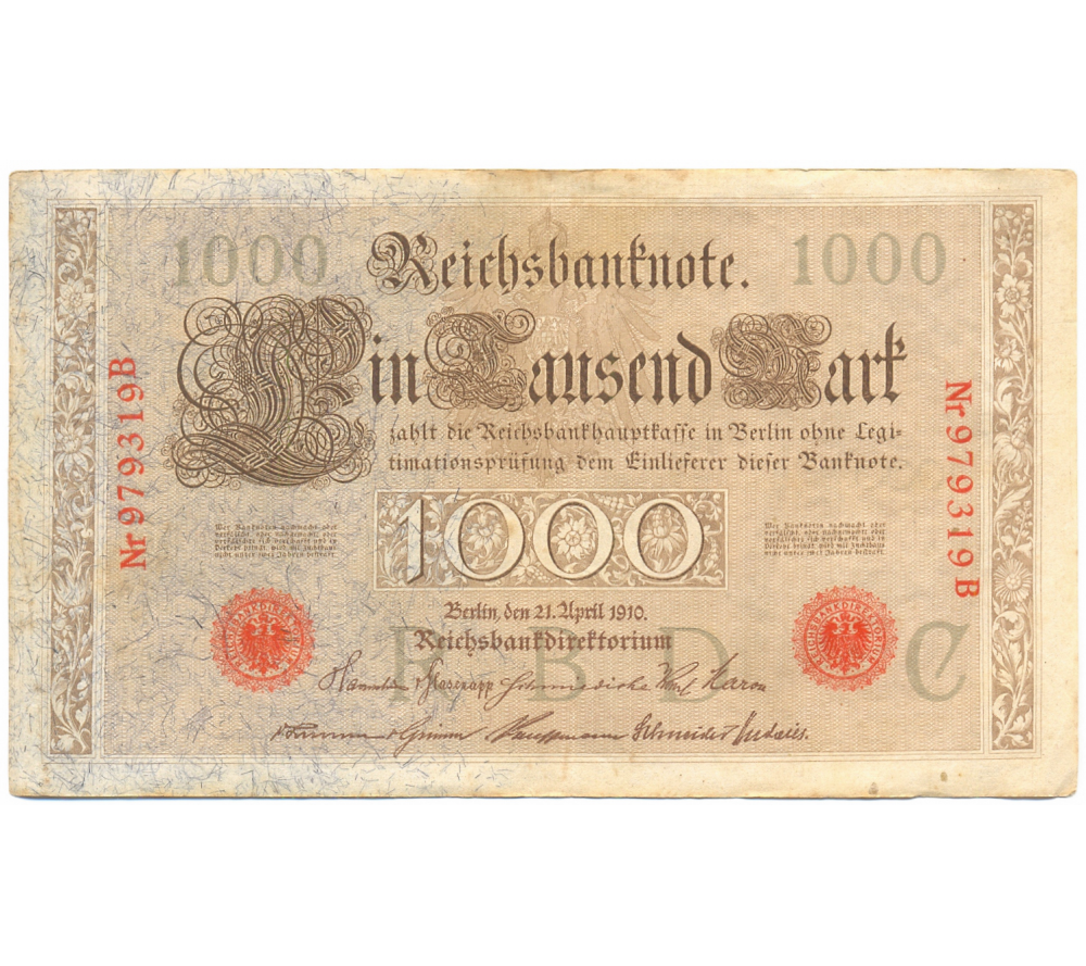 Billete Alemania 1000 Mark 1910 Imperio Sello Rojo  - Numisfila