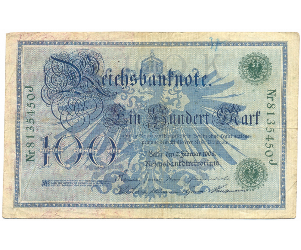 Billete Alemania 100 Mark 1908 Imperio Sello Verde  - Numisfila