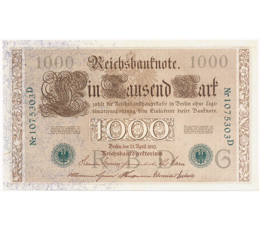 Billete Alemania 1000 Marcos 1910 Imperio Sello Verde   - Numisfila
