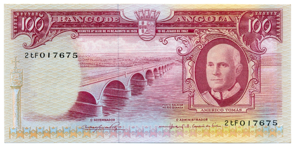 Billete Angola 100 Escudos 1962 - Américo Tomas y Elefantes - Numisfila