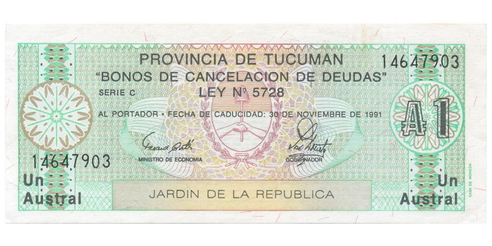 Argentina Billete Provincia Federal Tucuman 1 Austral 1987-88 - Numisfila