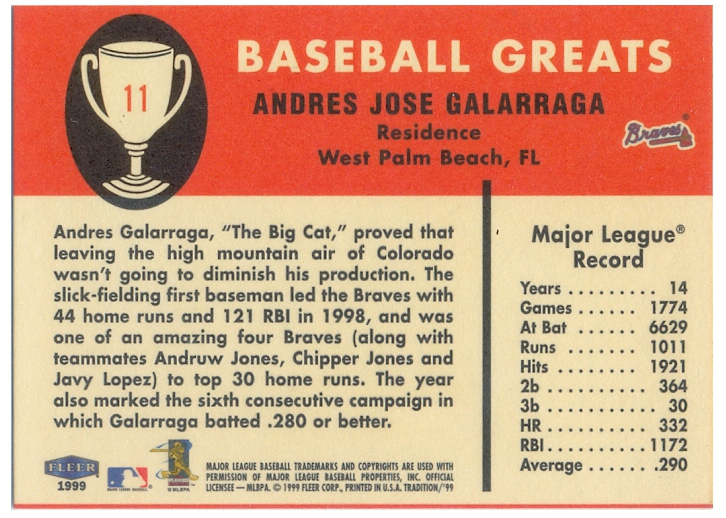 Barajita Andrés Galarraga Fleer 1999 #11  - Numisfila