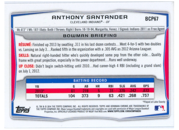 Barajita Anthony Santander Bowman 2014 #BCP67  - Numisfila