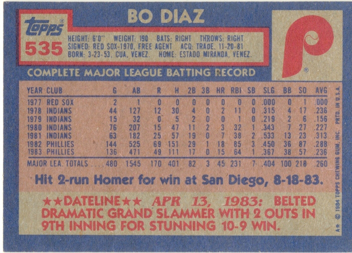 Barajita Baudilio Díaz Topps 1984 # 535  - Numisfila
